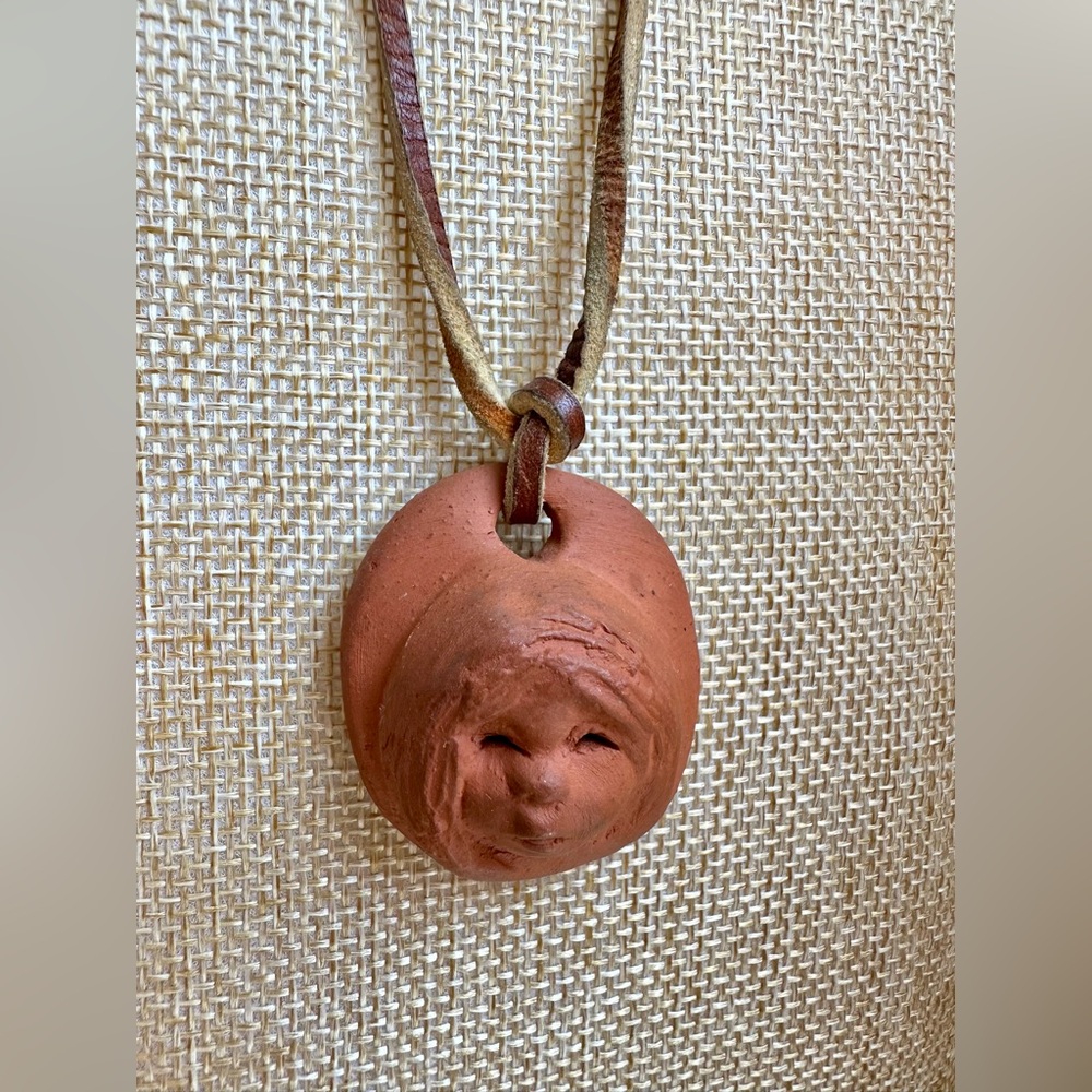 1970's Ann Entis American Folk Art Little Girl Face Pottery Pendant Necklace